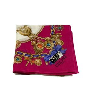 Céline Paris Vintage Handkerchief Scarf Jewel Chain Print Pink 100% Cotton 18X18